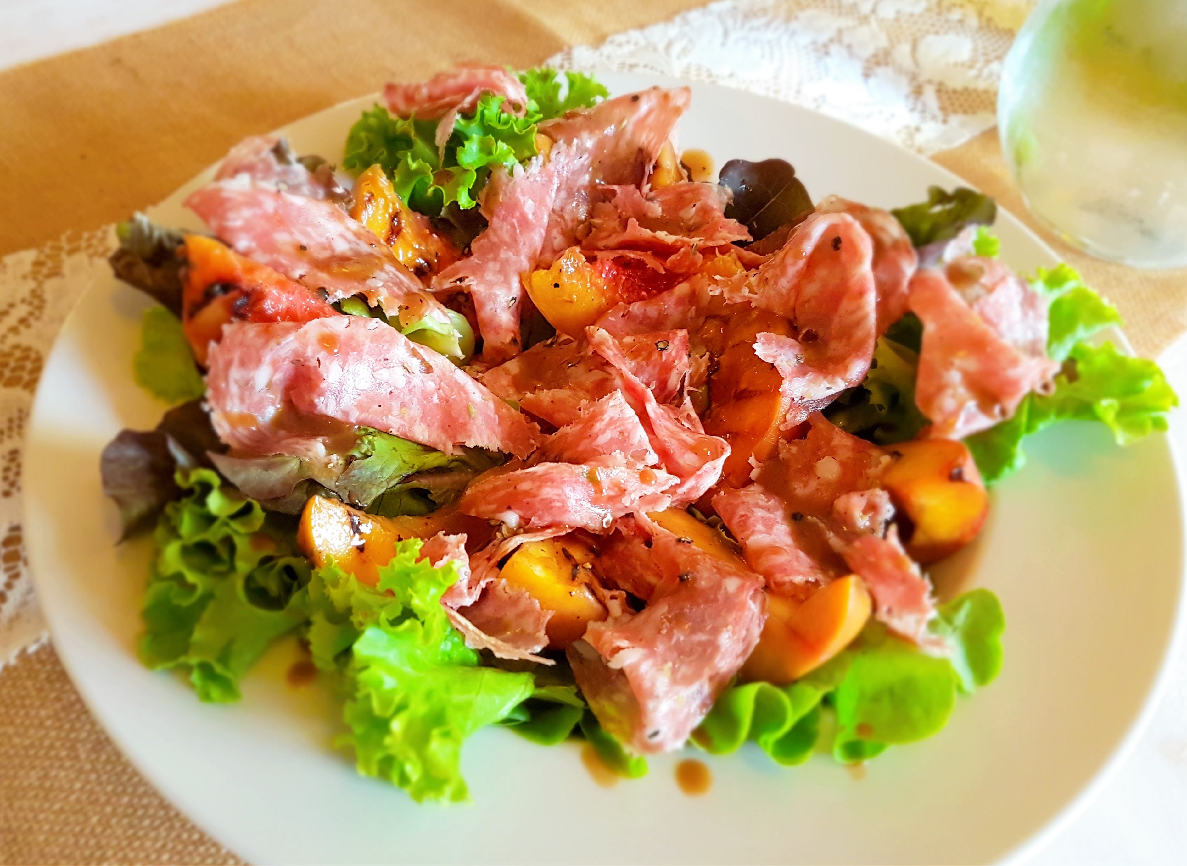 Grilled peach and finocchiona salad at our vacation rental in Tuscany